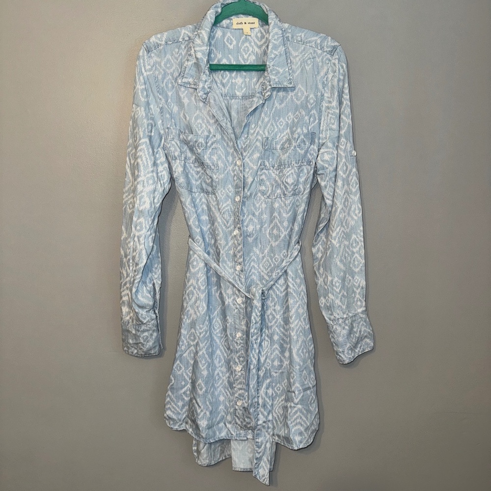 EUC Anthropologie Cloth & Stone Tercel Chambray Denim Geo Shirt Dress Size Large